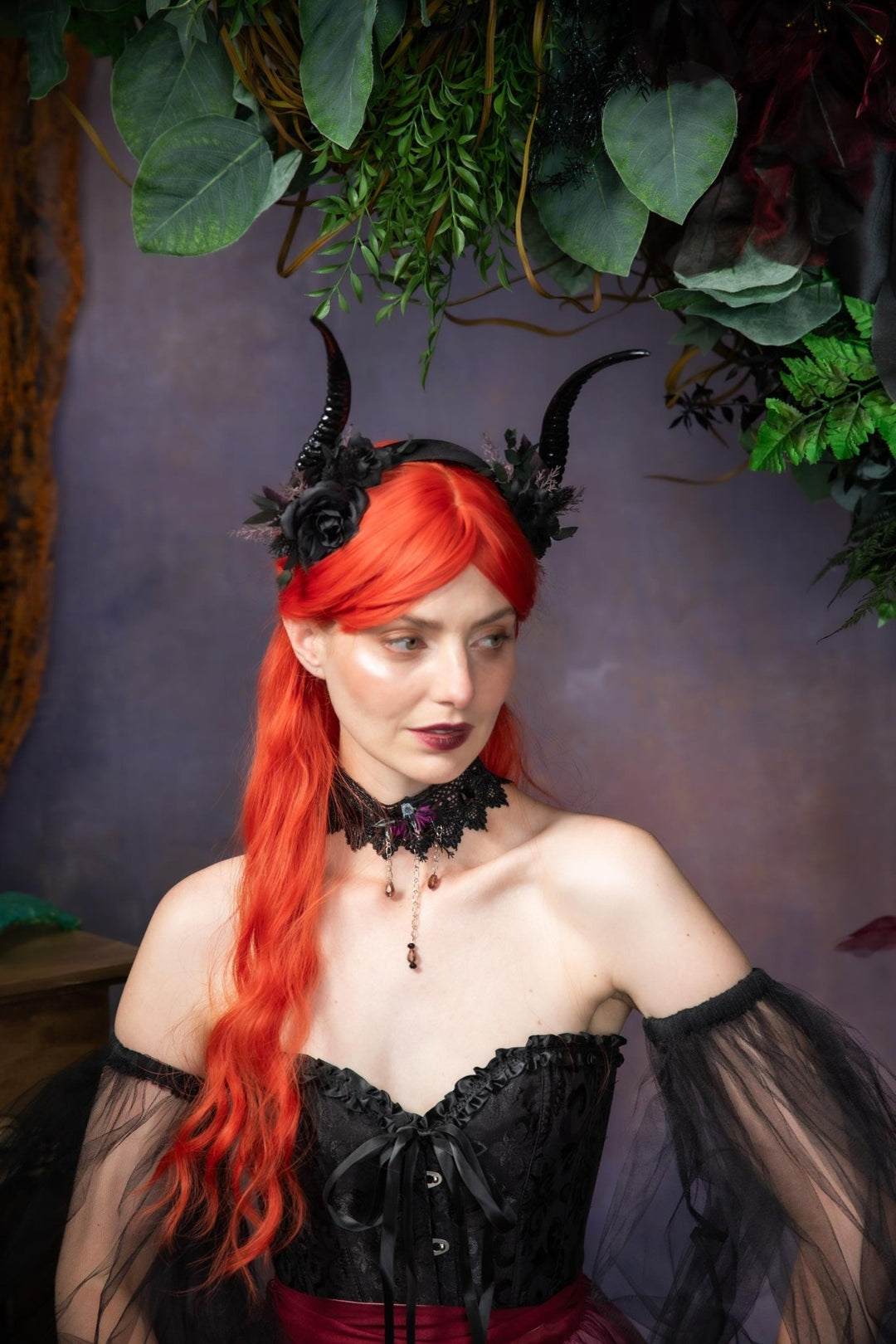 Black Horns Crown: Gothic Wedding Headpiece, Pagan Fest – handmade floral hair accessory by magaela