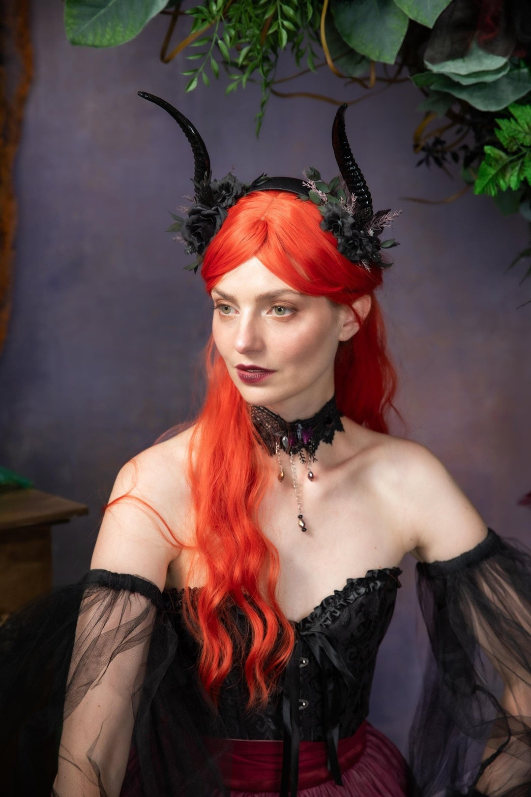 Black Horns Crown: Gothic Wedding Headpiece, Pagan Fest – handmade floral hair accessory by magaela