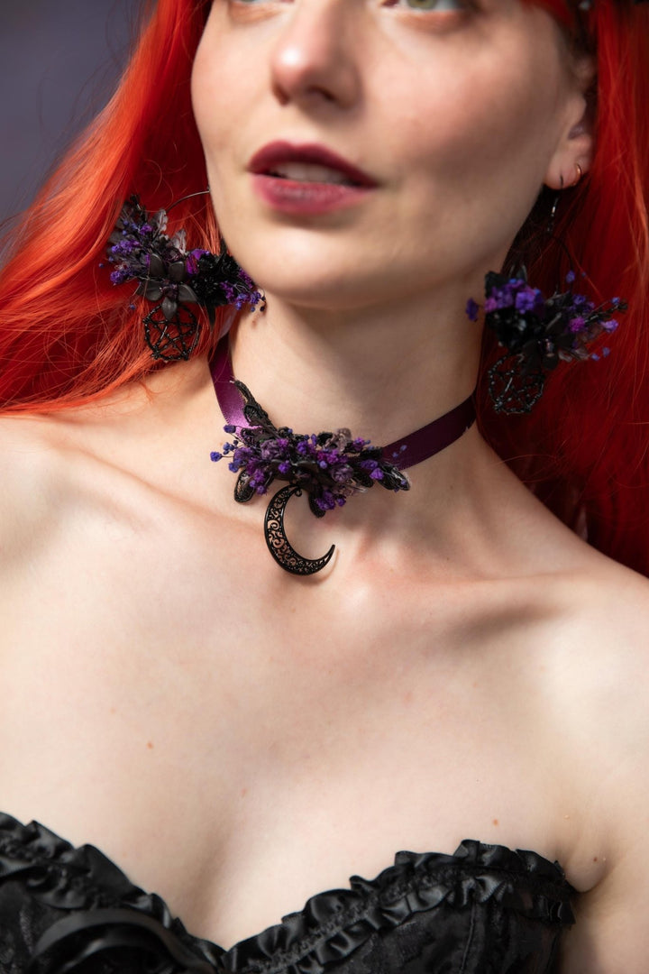 Purple Flower Moon Choker: Gothic Halloween Necklace – handmade floral hair accessory by magaela