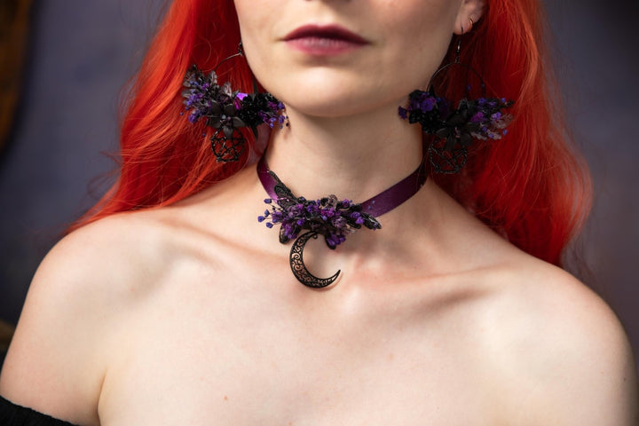 Purple Flower Moon Choker: Gothic Halloween Necklace – handmade floral hair accessory by magaela