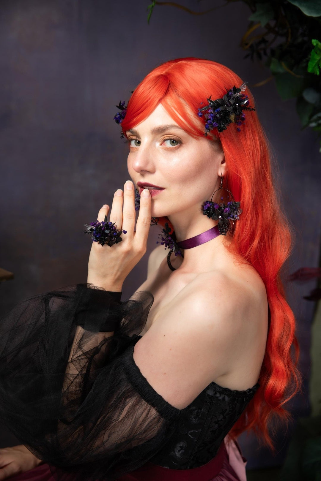 Purple Flower Ring: Gothic Wedding Jewelry, Adjustable Boho Ring – handmade floral hair accessory by magaela