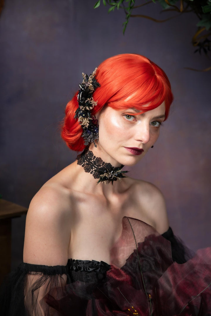 Black Flower Hair Comb: Gothic Wedding Crystal Hair Accessory – handmade floral hair accessory by magaela