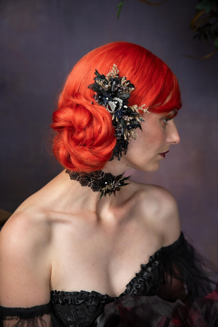 Black Flower Hair Comb: Gothic Wedding Crystal Hair Accessory – handmade floral hair accessory by magaela