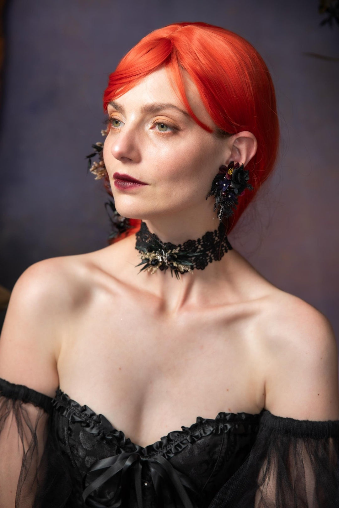 Gothic Flower Earrings: Black Burgundy Cross Studs, Halloween Jewelry – handmade floral hair accessory by magaela