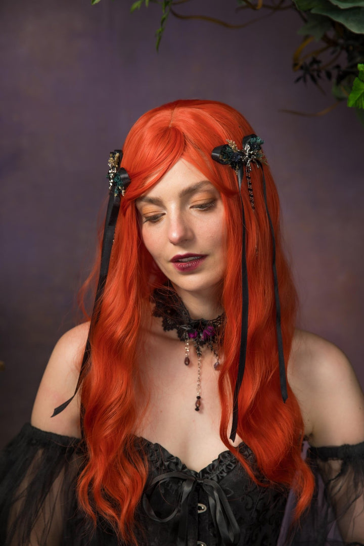 Black Bow Hair Clip: Gothic Spider Halloween Wedding Jewelry – handmade floral hair accessory by magaela