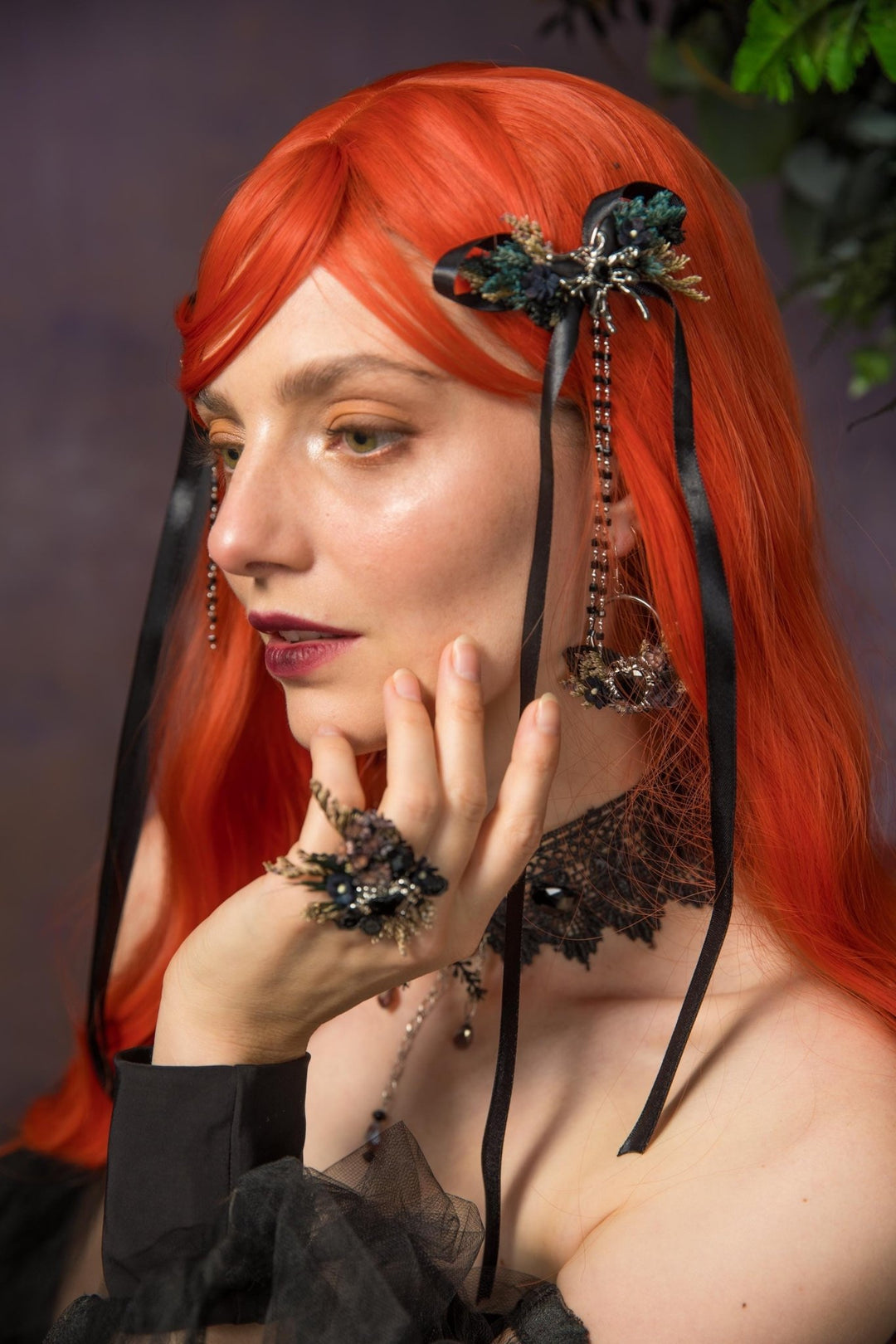 Gothic Flower Ring: Black & Silver Floral Heart Jewelry, Halloween Accessory – handmade floral hair accessory by magaela