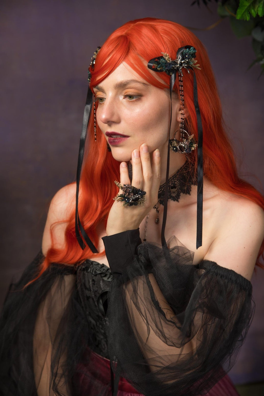 Gothic Flower Ring: Black & Silver Floral Heart Jewelry, Halloween Accessory – handmade floral hair accessory by magaela