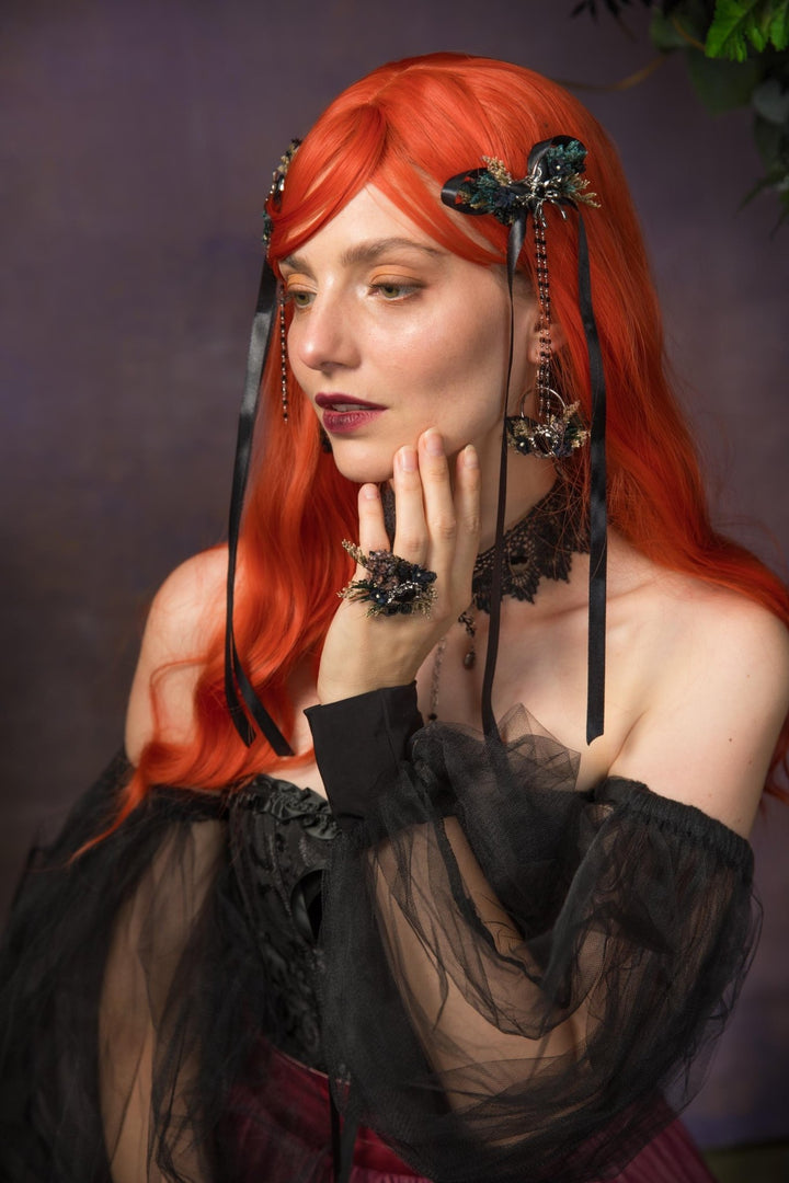 Gothic Flower Ring: Black & Silver Floral Heart Jewelry, Halloween Accessory – handmade floral hair accessory by magaela