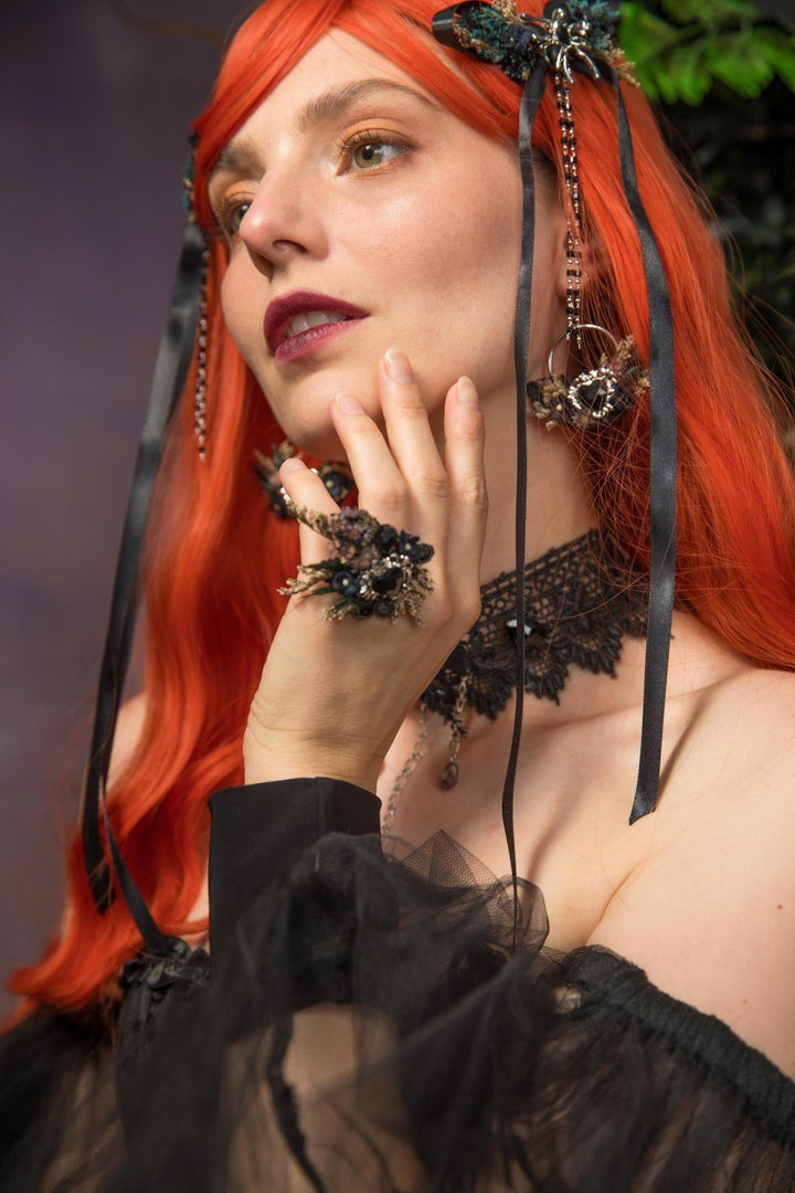 Gothic Flower Ring: Black & Silver Floral Heart Jewelry, Halloween Accessory – handmade floral hair accessory by magaela
