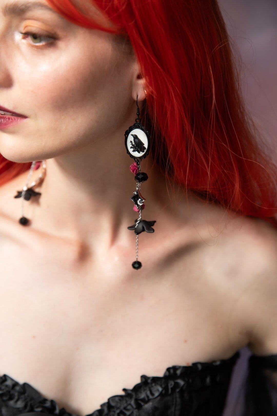 Gothic Crow Long Earrings: Halloween Wedding Jewelry – handmade floral hair accessory by magaela