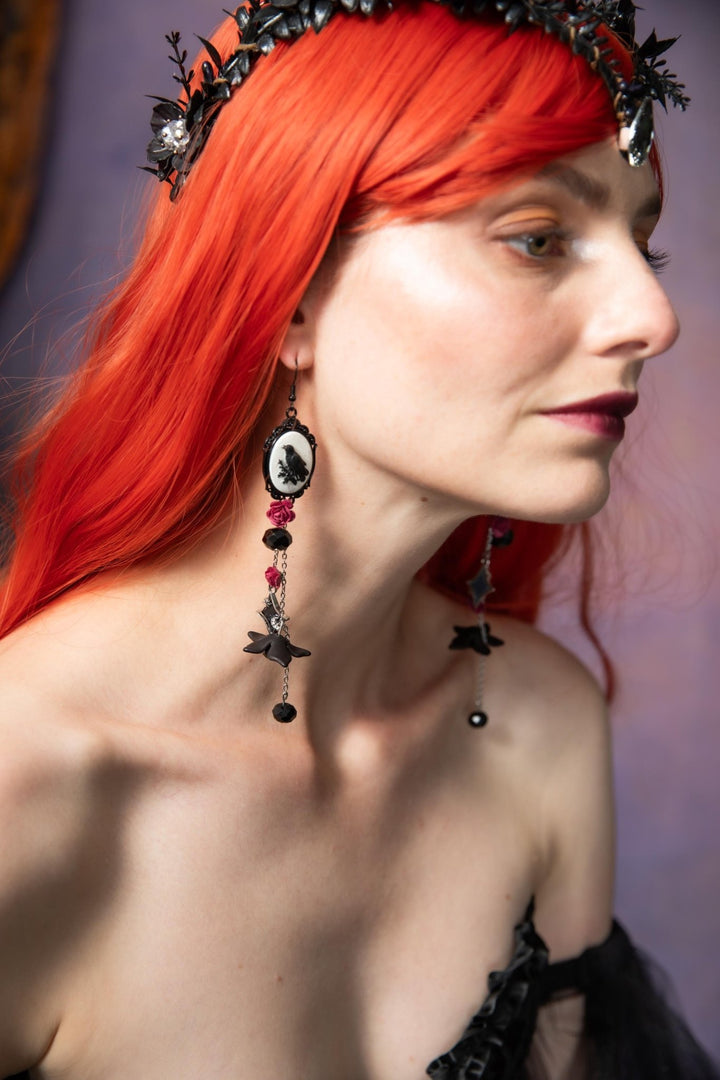 Gothic Crow Long Earrings: Halloween Wedding Jewelry – handmade floral hair accessory by magaela