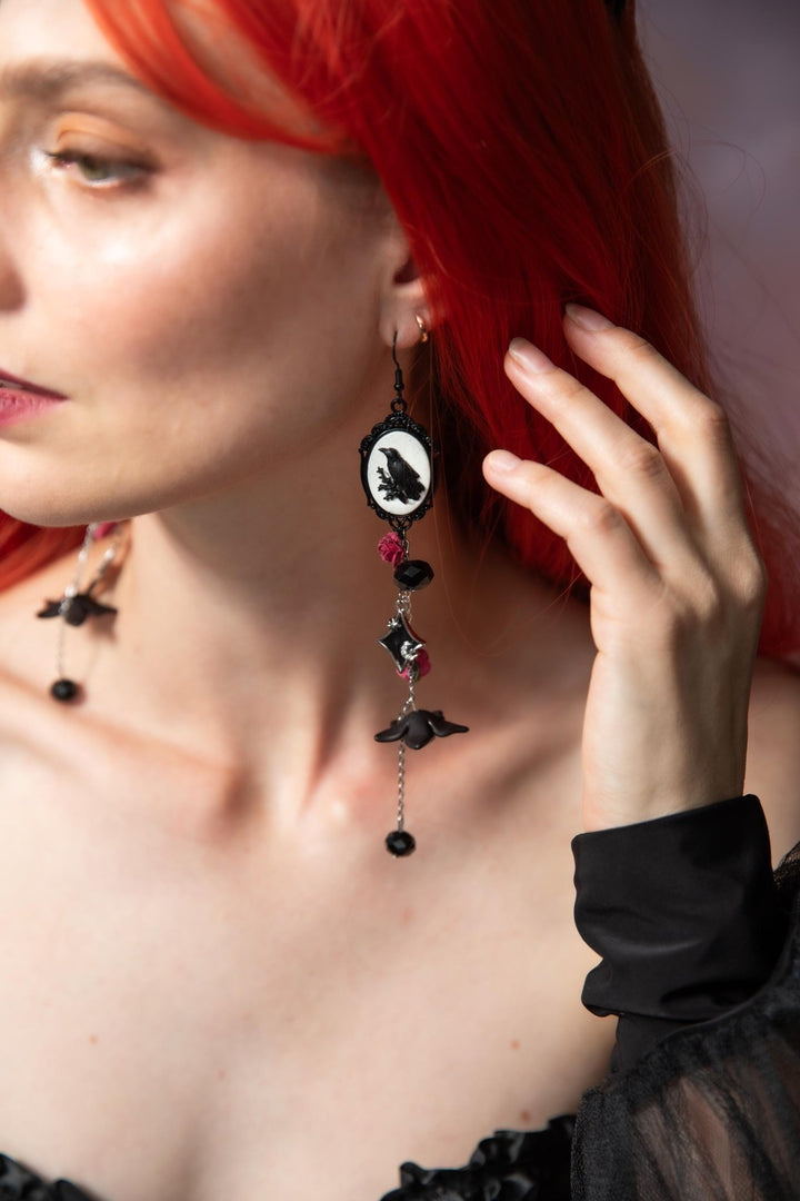 Gothic Crow Long Earrings: Halloween Wedding Jewelry – handmade floral hair accessory by magaela