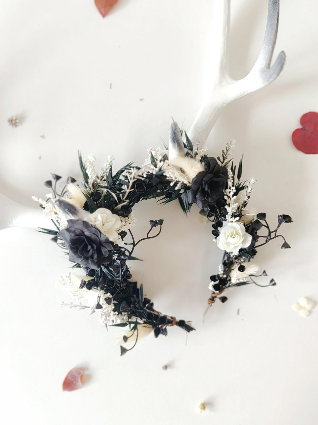Halloween Antlers Crown: Black & White Woodland Headpiece – handmade floral hair accessory by magaela