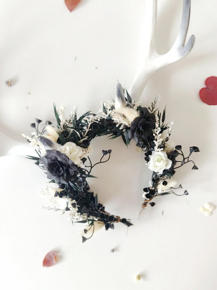 Halloween Antlers Crown: Black & White Woodland Headpiece – handmade floral hair accessory by magaela