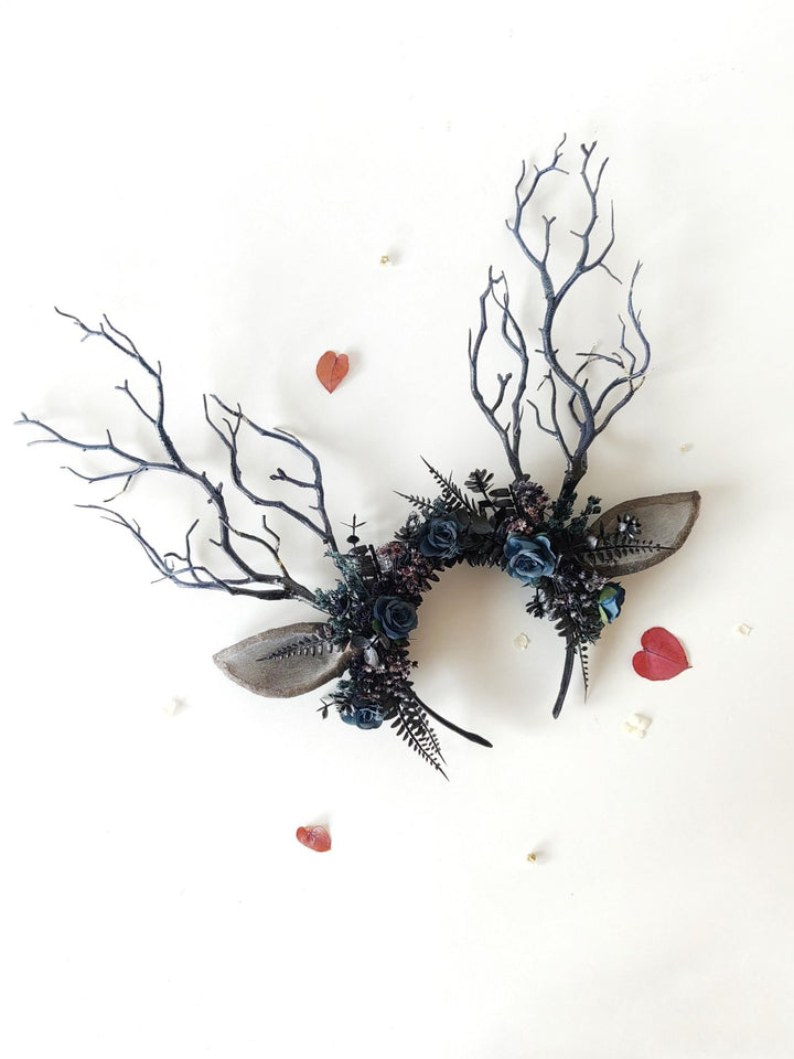 Black Antler Crown Headband: Pagan Festival Headpiece – handmade floral hair accessory by magaela