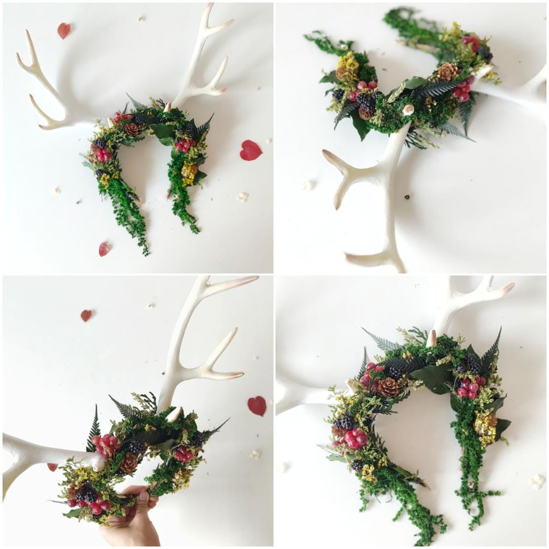 Woodland Antler Crown: Autumn Fairycore Headpiece – handmade floral hair accessory by magaela