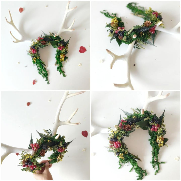 Woodland Antler Crown: Autumn Fairycore Headpiece – handmade floral hair accessory by magaela