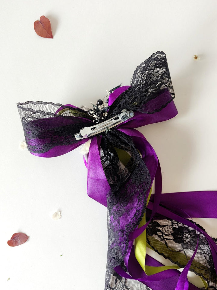 Purple Satin Hair Bow Clip: Gothic Halloween Headpiece – handmade floral hair accessory by magaela