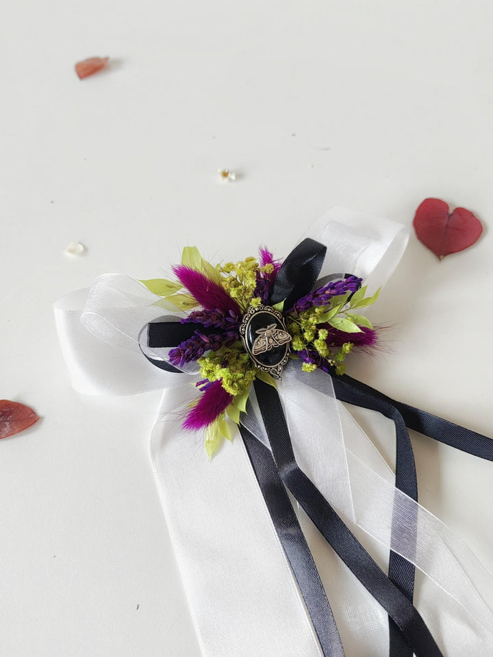 Halloween Hair Clip: Purple Yellow Floral Beetlejuice Bow – handmade floral hair accessory by magaela