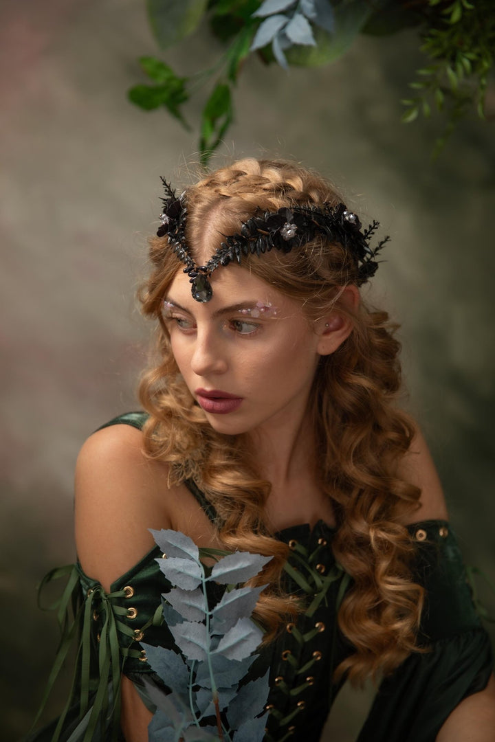 Black Flower Tiara: Gothic Wedding Hair Crown – handmade floral hair accessory by magaela