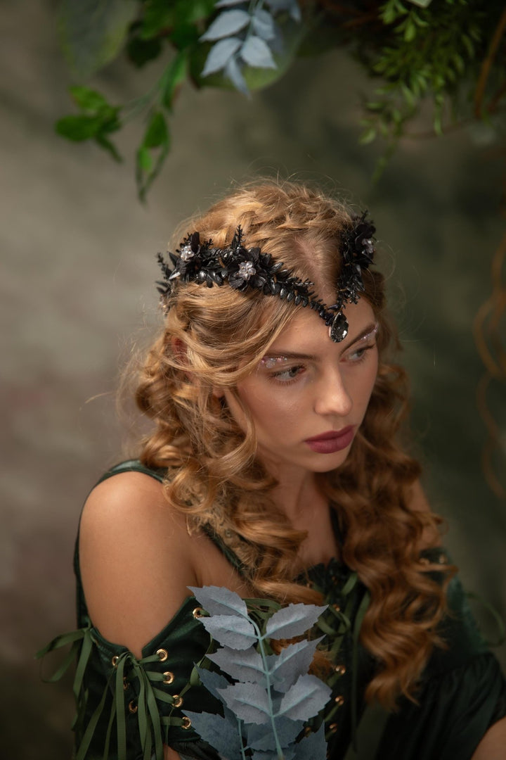 Black Flower Tiara: Gothic Wedding Hair Crown – handmade floral hair accessory by magaela