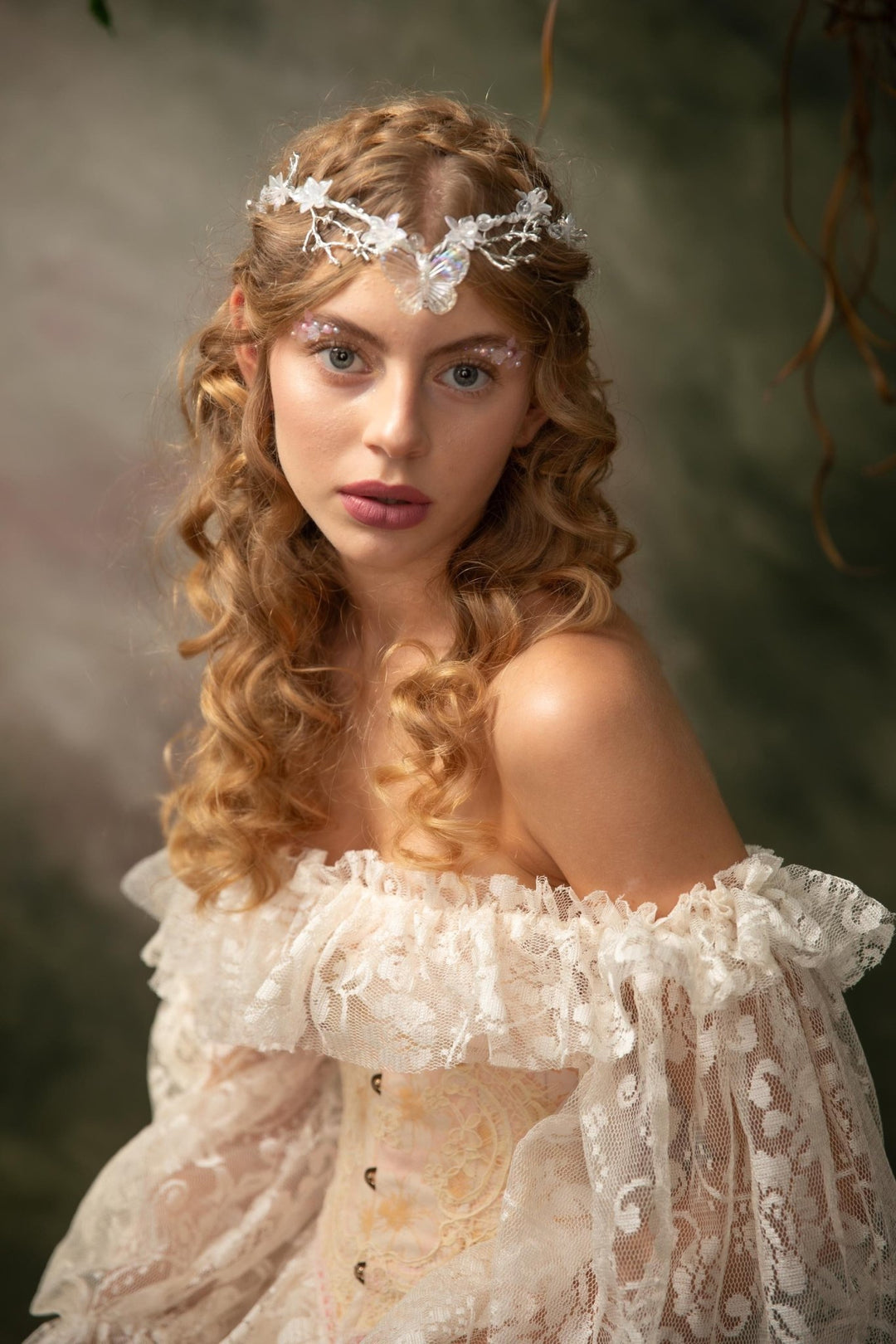 Butterfly Wedding Tiara with Veil: Winter Renaissance Crown – handmade floral hair accessory by magaela