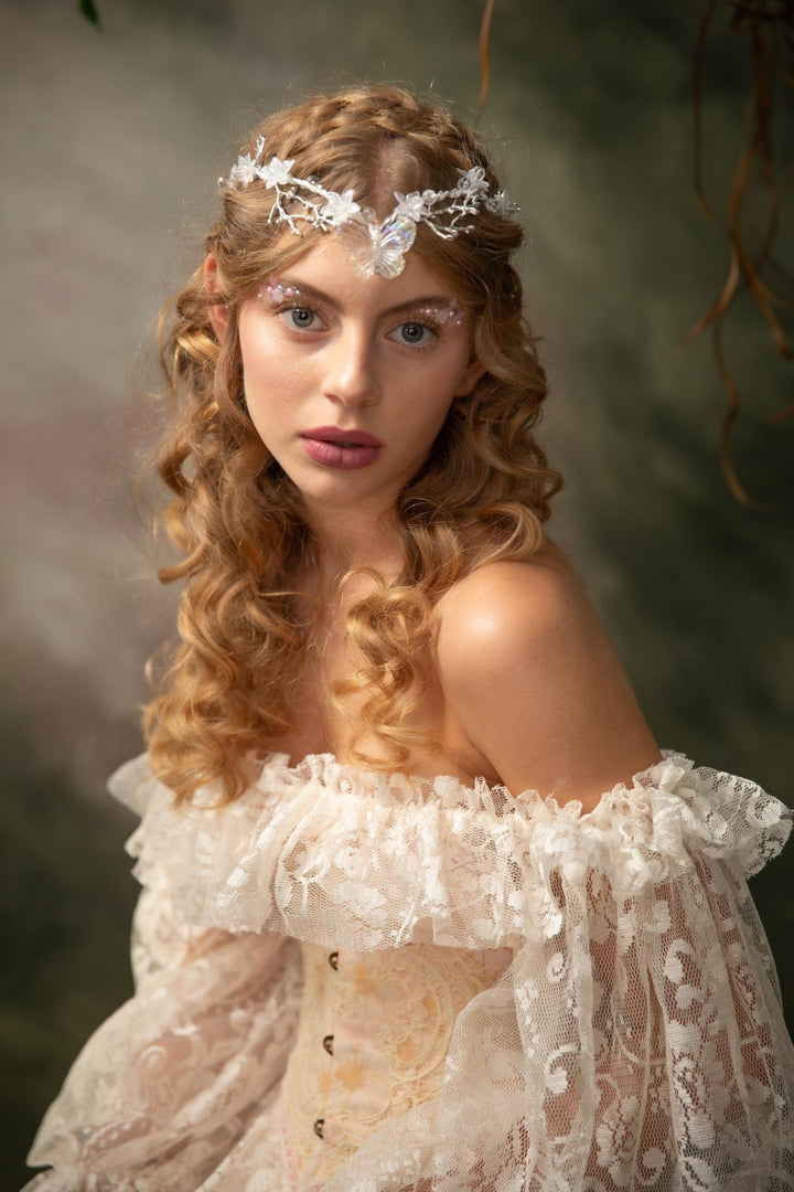 Butterfly Wedding Tiara with Veil: Winter Renaissance Crown – handmade floral hair accessory by magaela