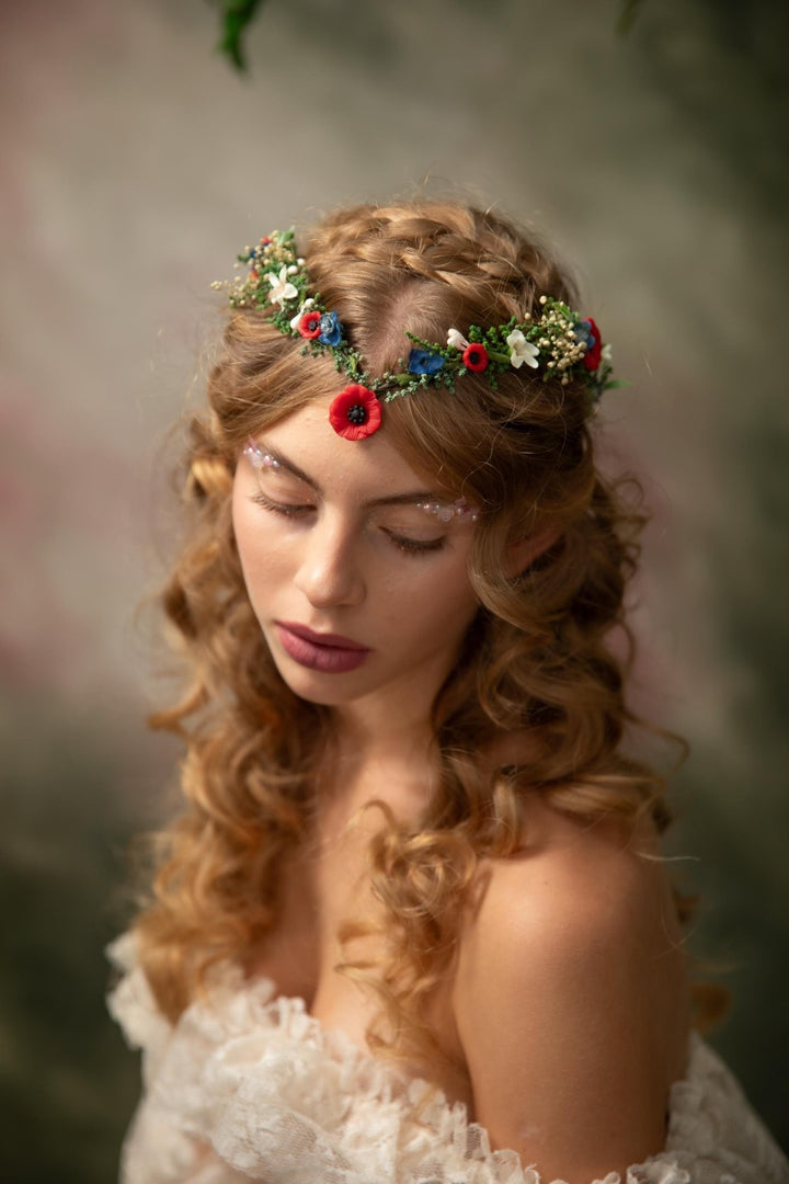 Wildflower Crown: Folk Elven Tiara, Poppy Flower Headpiece – handmade floral hair accessory by magaela
