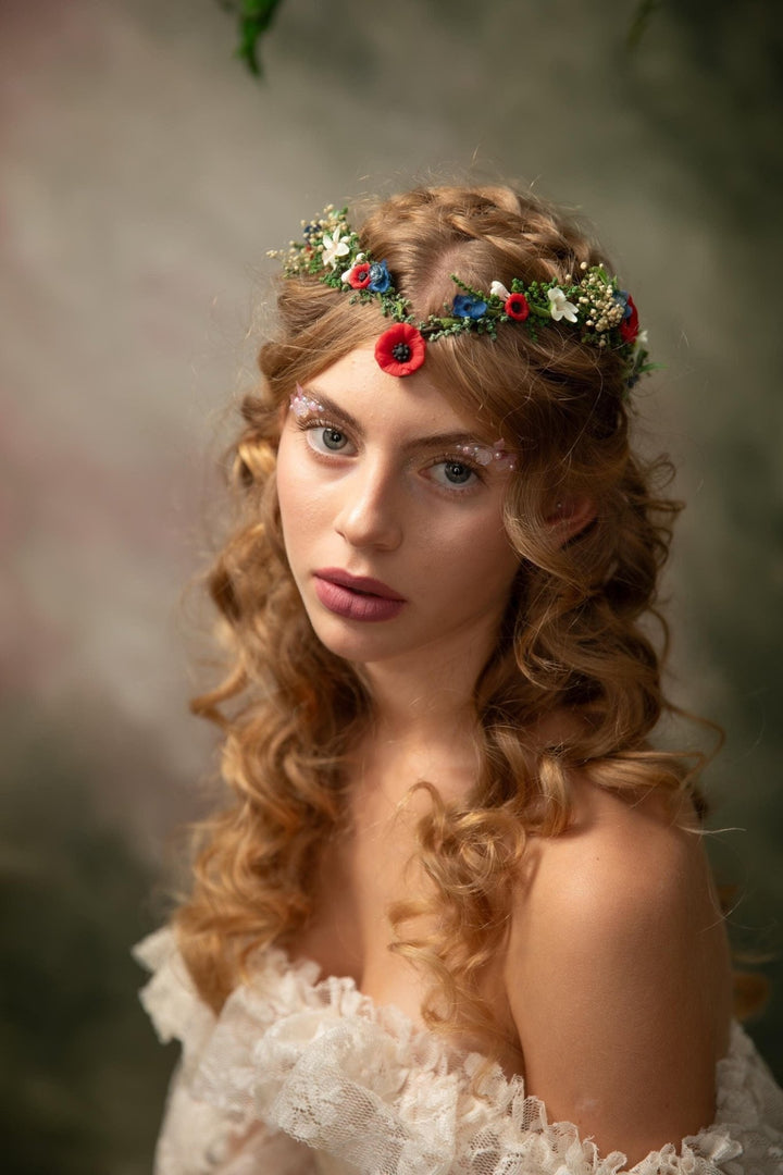 Wildflower Crown: Folk Elven Tiara, Poppy Flower Headpiece – handmade floral hair accessory by magaela