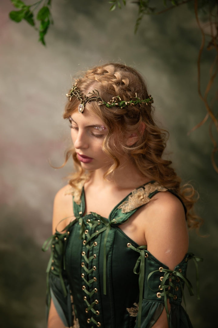 Woodland Wedding Tiara – Green Gold Elven Crown – handmade floral hair accessory by magaela