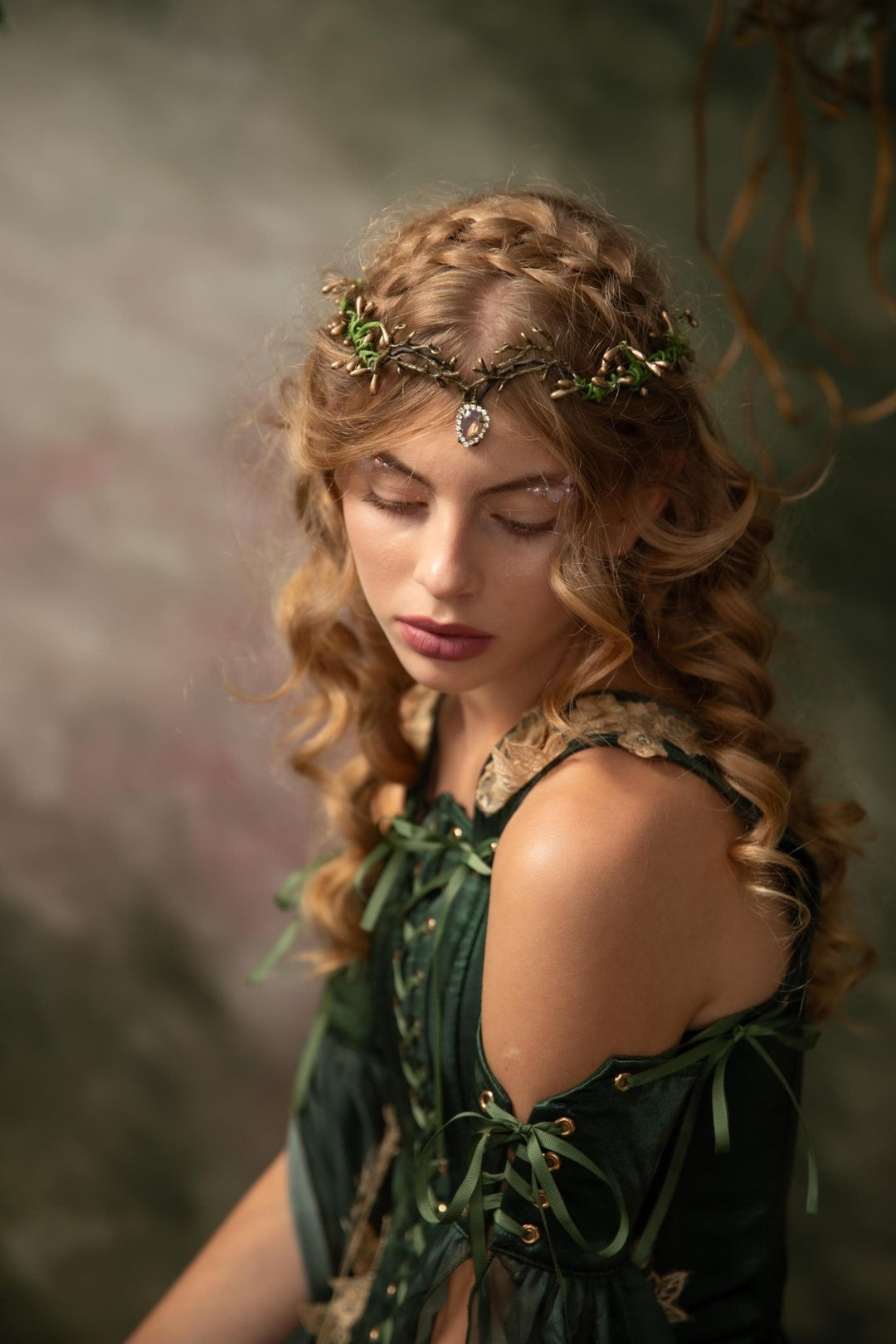 Woodland Wedding Tiara – Green Gold Elven Crown – handmade floral hair accessory by magaela