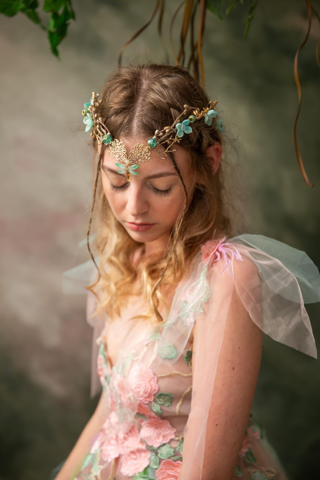 Mint & Gold Dragonfly Crown: Elven Bridal Tiara – handmade floral hair accessory by magaela