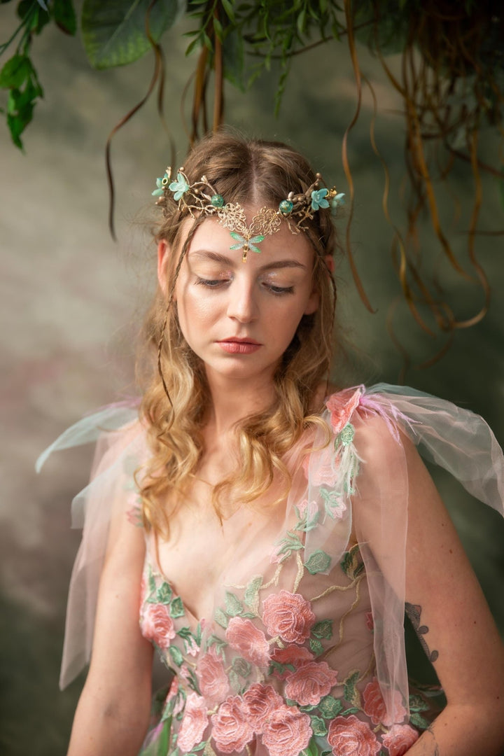 Mint & Gold Dragonfly Crown: Elven Bridal Tiara – handmade floral hair accessory by magaela