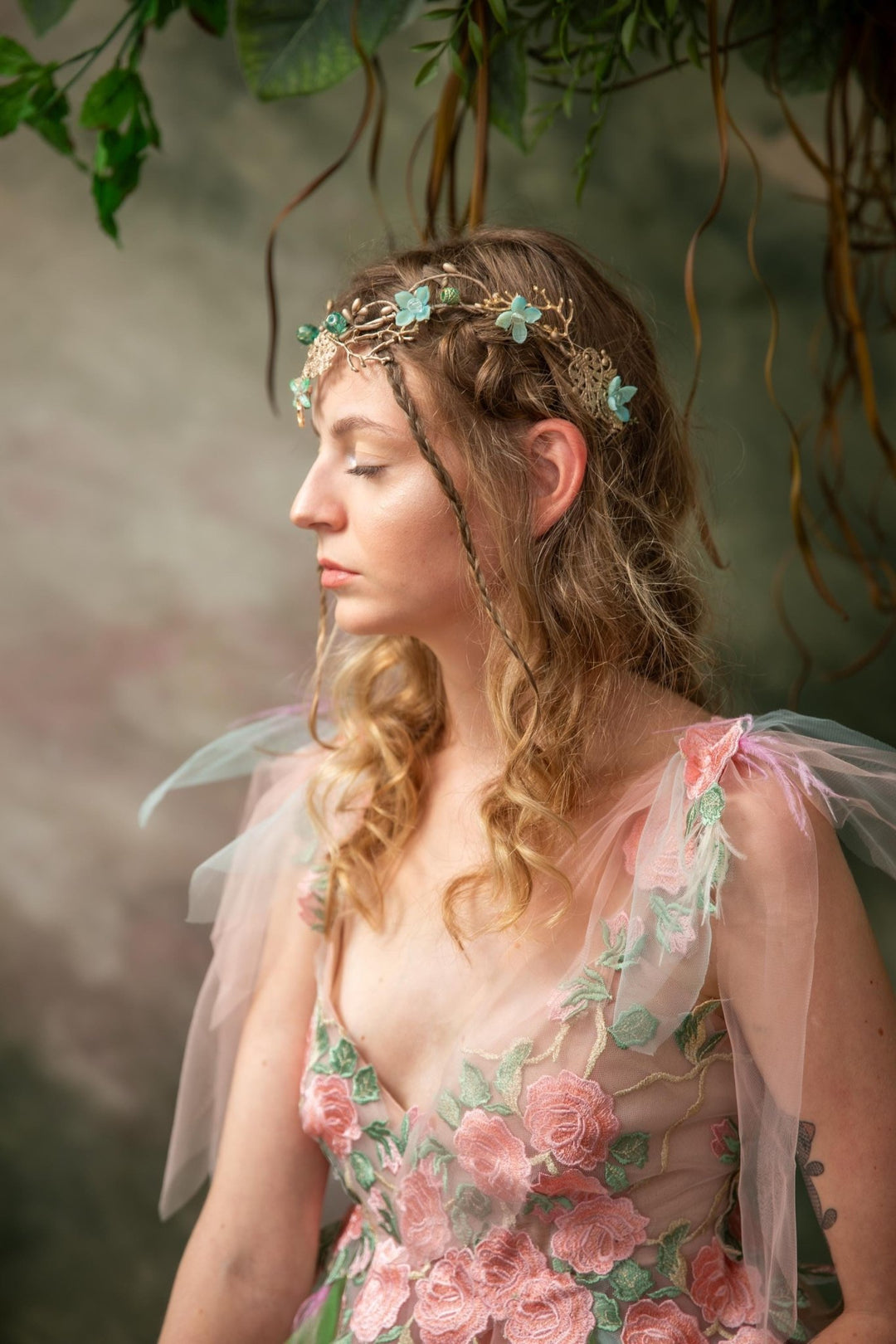 Mint & Gold Dragonfly Crown: Elven Bridal Tiara – handmade floral hair accessory by magaela