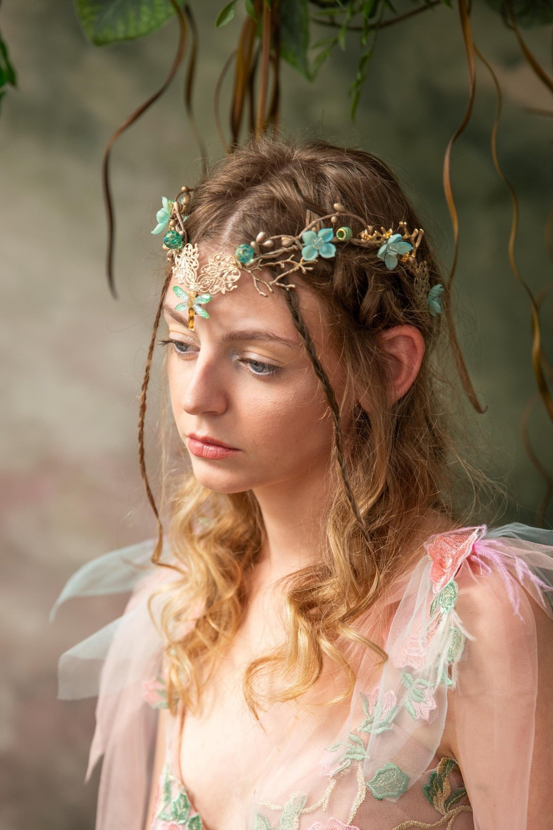 Mint & Gold Dragonfly Crown: Elven Bridal Tiara – handmade floral hair accessory by magaela