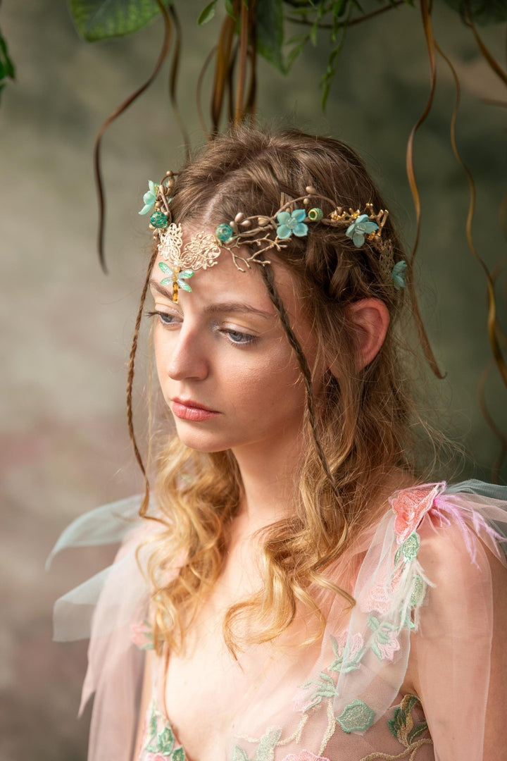 Mint & Gold Dragonfly Crown: Elven Bridal Tiara – handmade floral hair accessory by magaela