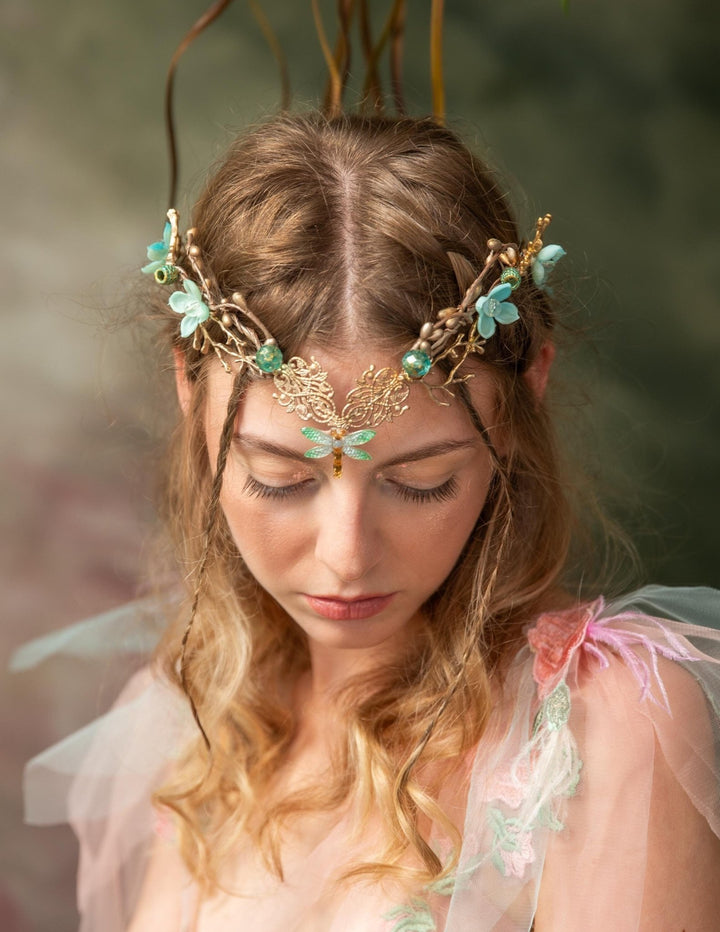 Mint & Gold Dragonfly Crown: Elven Bridal Tiara – handmade floral hair accessory by magaela
