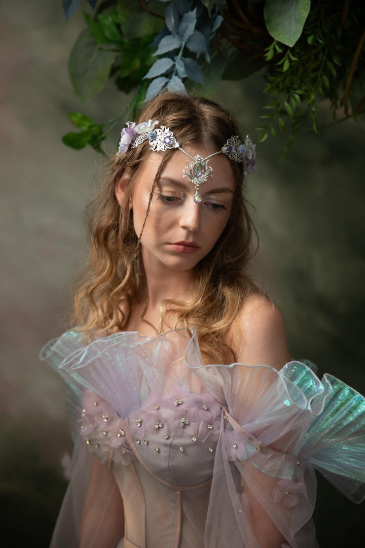 Lilac Flower Bridal Crown: Vintage Elf Wedding Tiara – handmade floral hair accessory by magaela