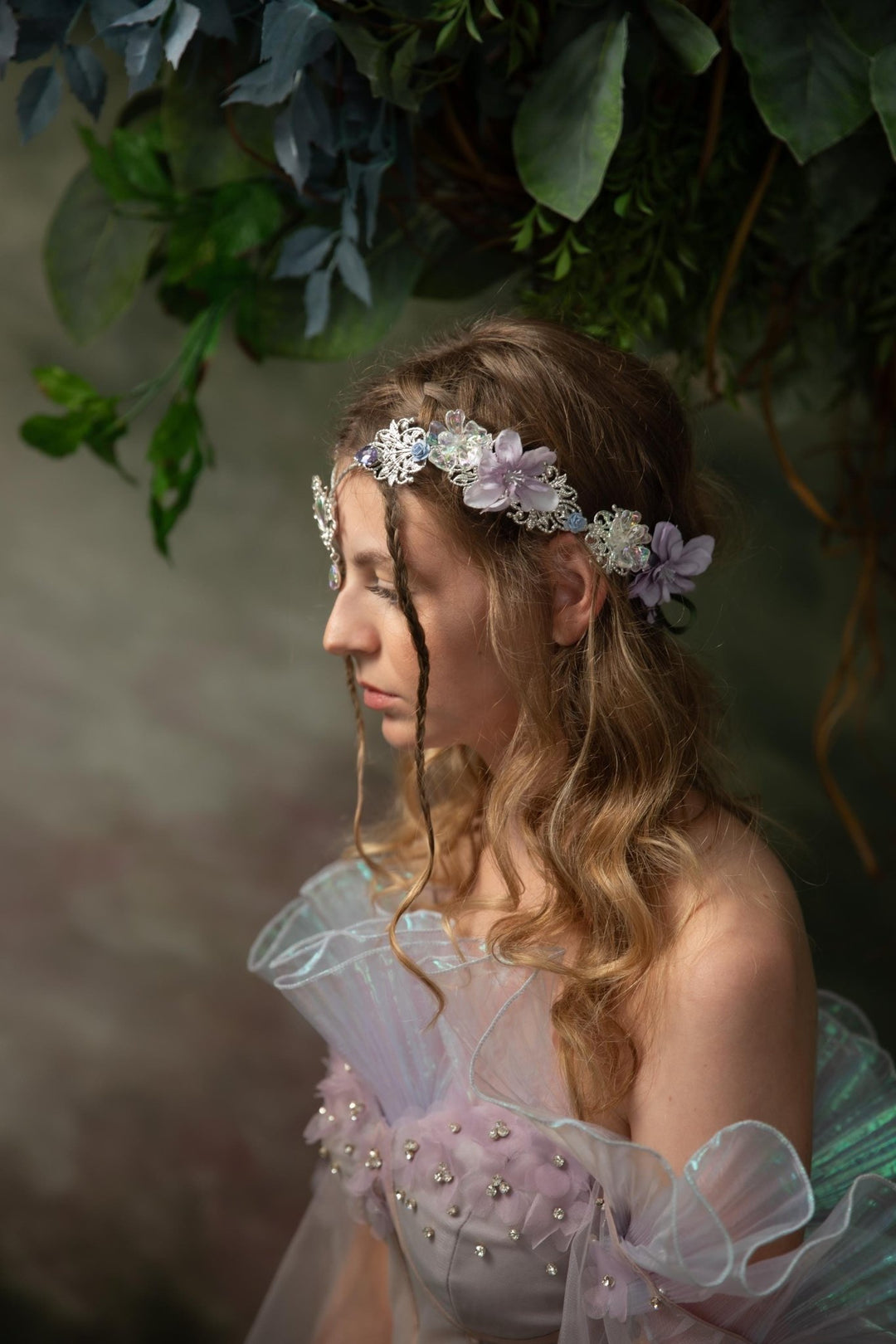 Lilac Flower Bridal Crown: Vintage Elf Wedding Tiara – handmade floral hair accessory by magaela