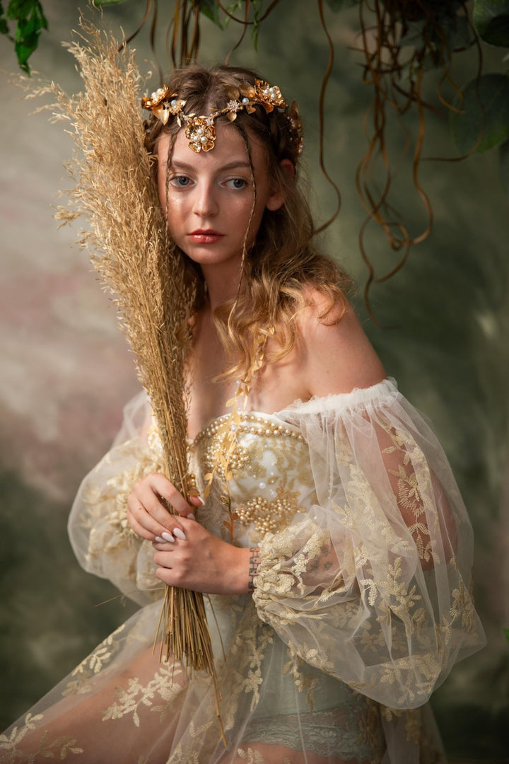 Golden Wedding Crown with Veil: Glamour Pearl Bridal Tiara – handmade floral hair accessory by magaela