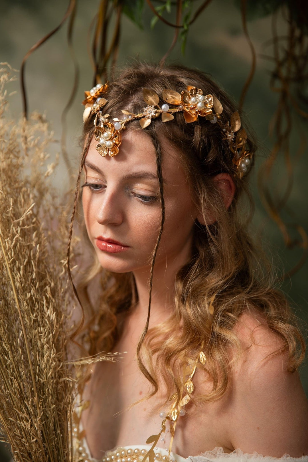 Golden Wedding Crown with Veil: Glamour Pearl Bridal Tiara – handmade floral hair accessory by magaela