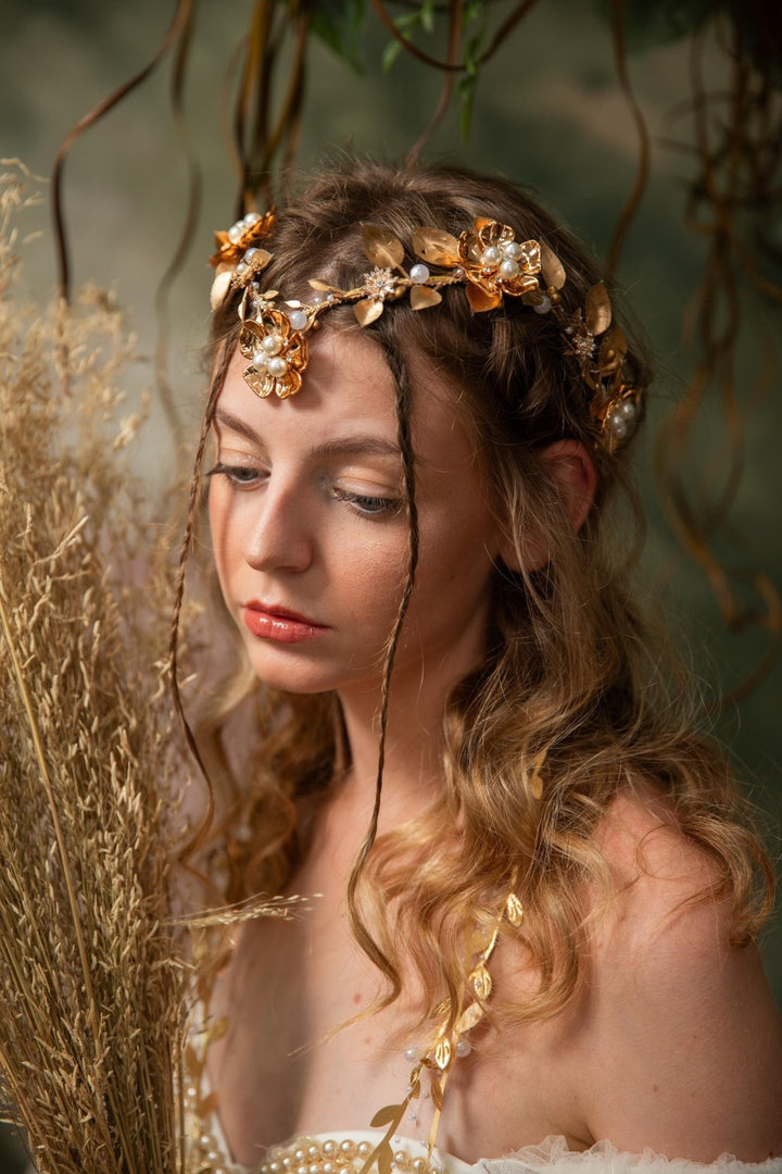 Golden Wedding Crown with Veil: Glamour Pearl Bridal Tiara – handmade floral hair accessory by magaela