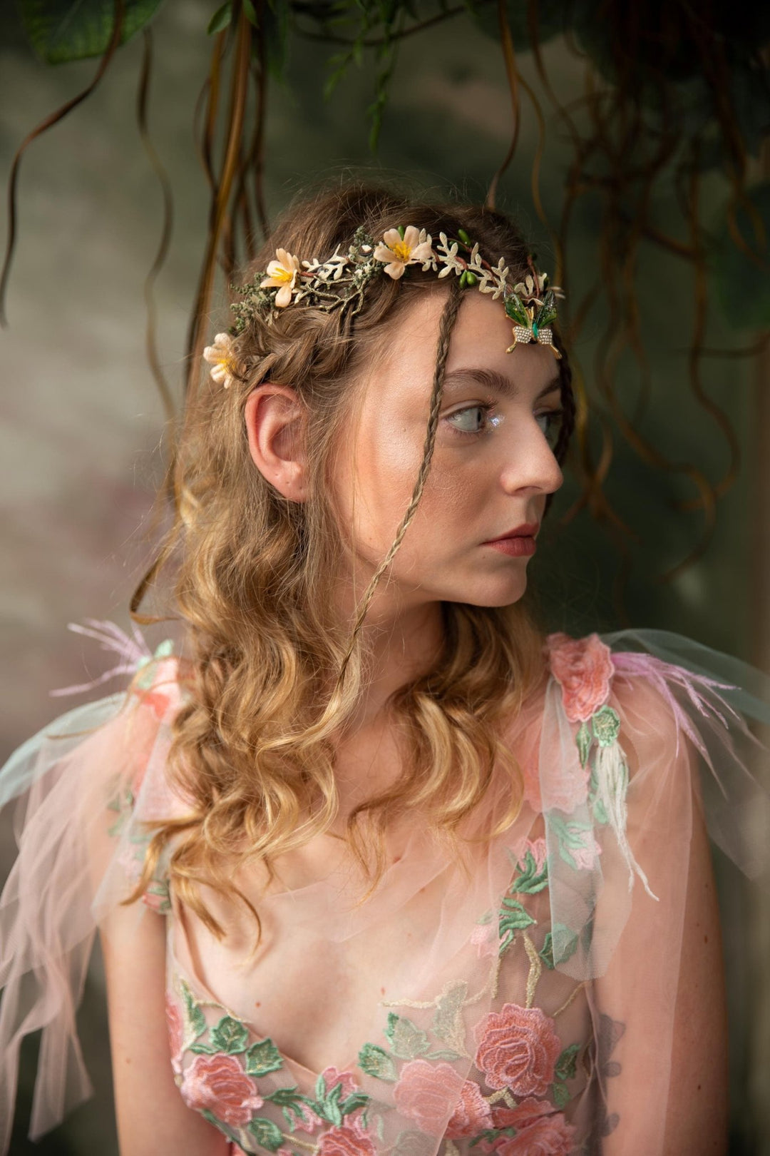 Butterfly Elven Crown: Green Beige Wedding Tiara – handmade floral hair accessory by magaela