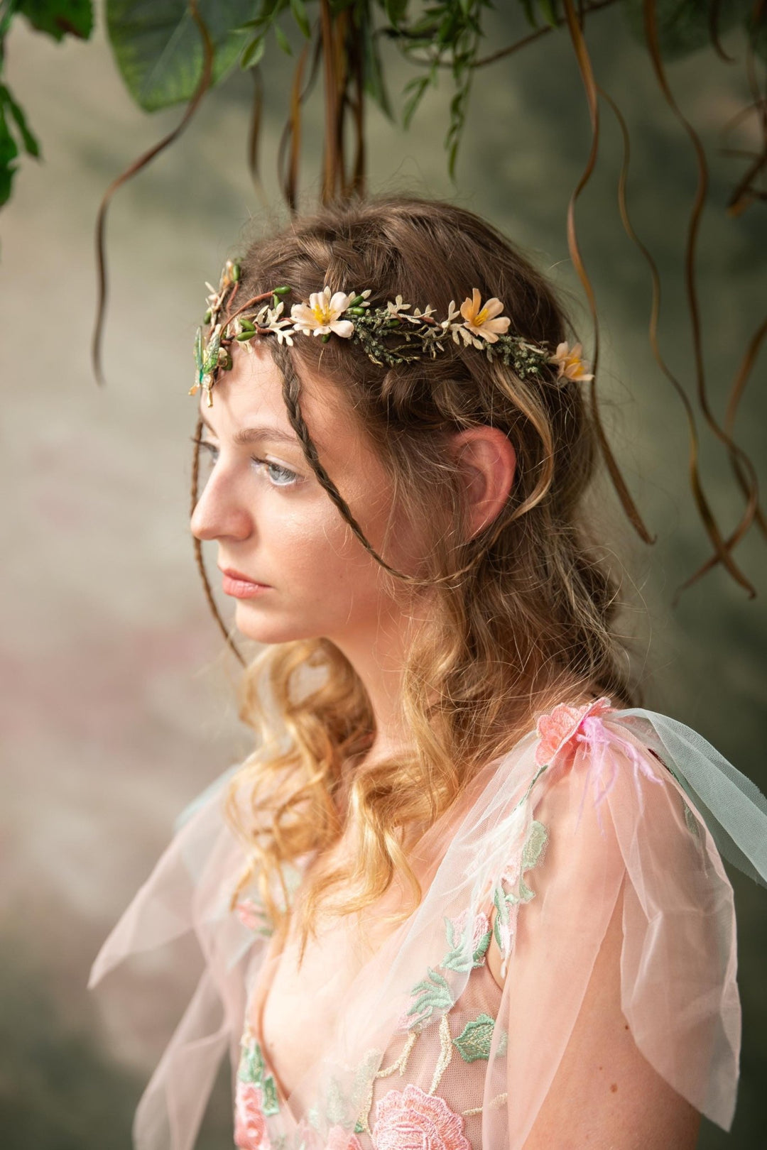 Butterfly Elven Crown: Green Beige Wedding Tiara – handmade floral hair accessory by magaela