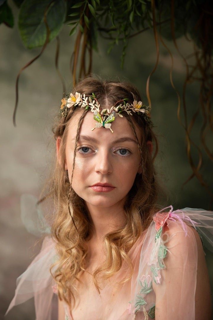 Butterfly Elven Crown: Green Beige Wedding Tiara – handmade floral hair accessory by magaela