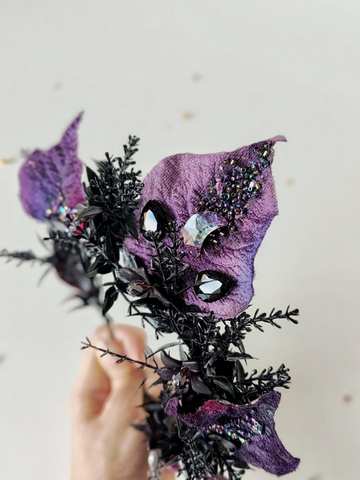 Purple Flower Bridal Crown: Gothic Crystal Headband, Halloween Wedding – handmade floral hair accessory by magaela