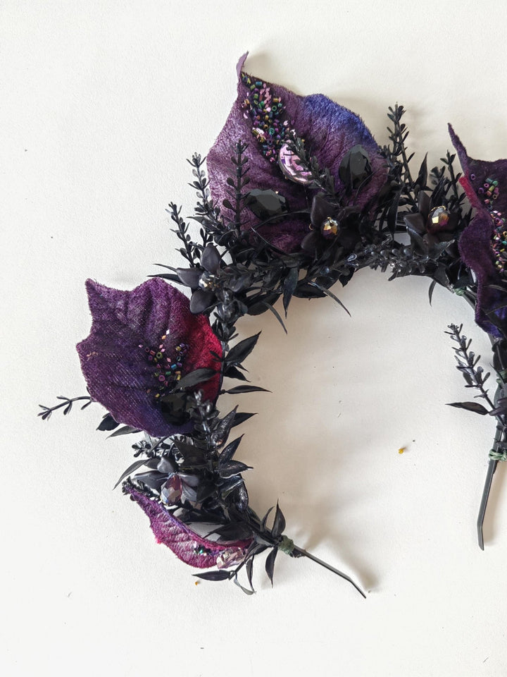 Purple Flower Bridal Crown: Gothic Crystal Headband, Halloween Wedding – handmade floral hair accessory by magaela