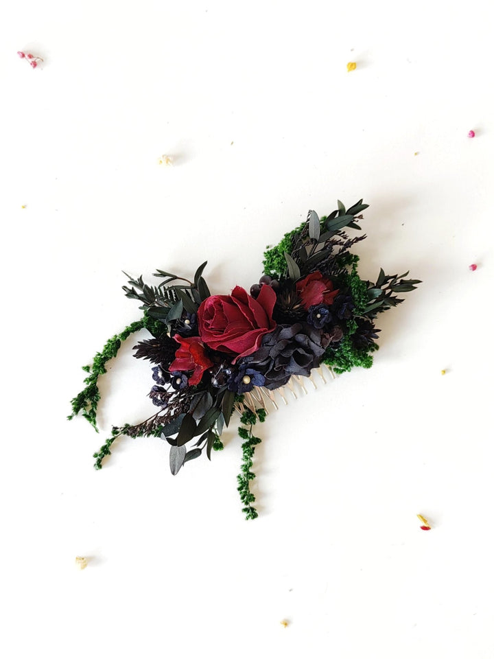Burgundy Rose Bridal Hair Comb: Autumn Gothic Wedding Hairpiece – handmade floral hair accessory by magaela