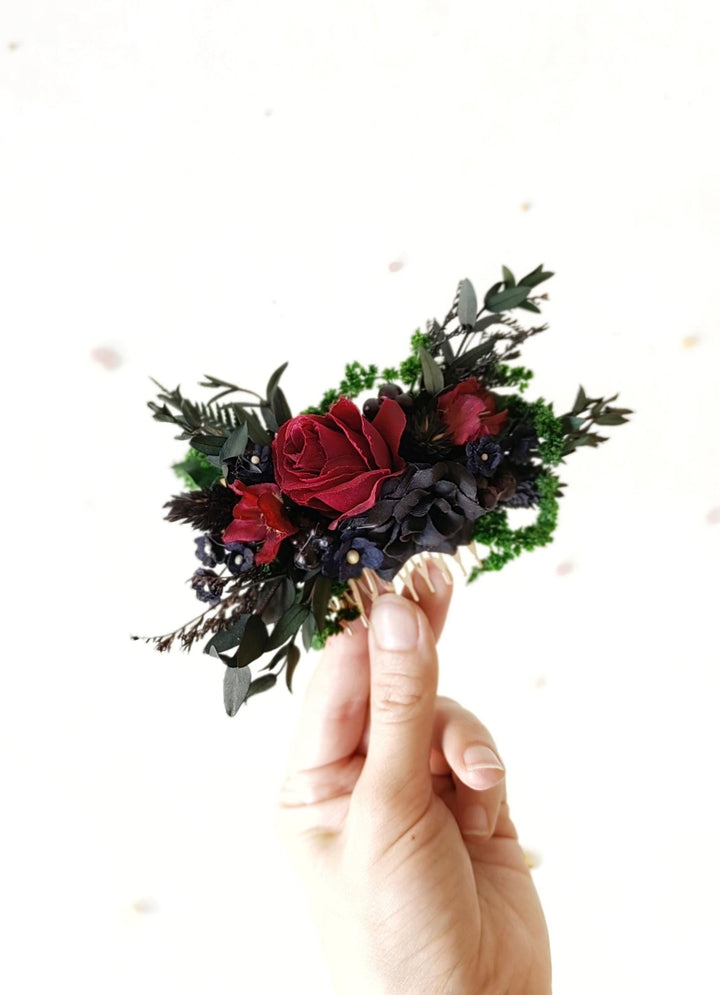 Burgundy Rose Bridal Hair Comb: Autumn Gothic Wedding Hairpiece – handmade floral hair accessory by magaela