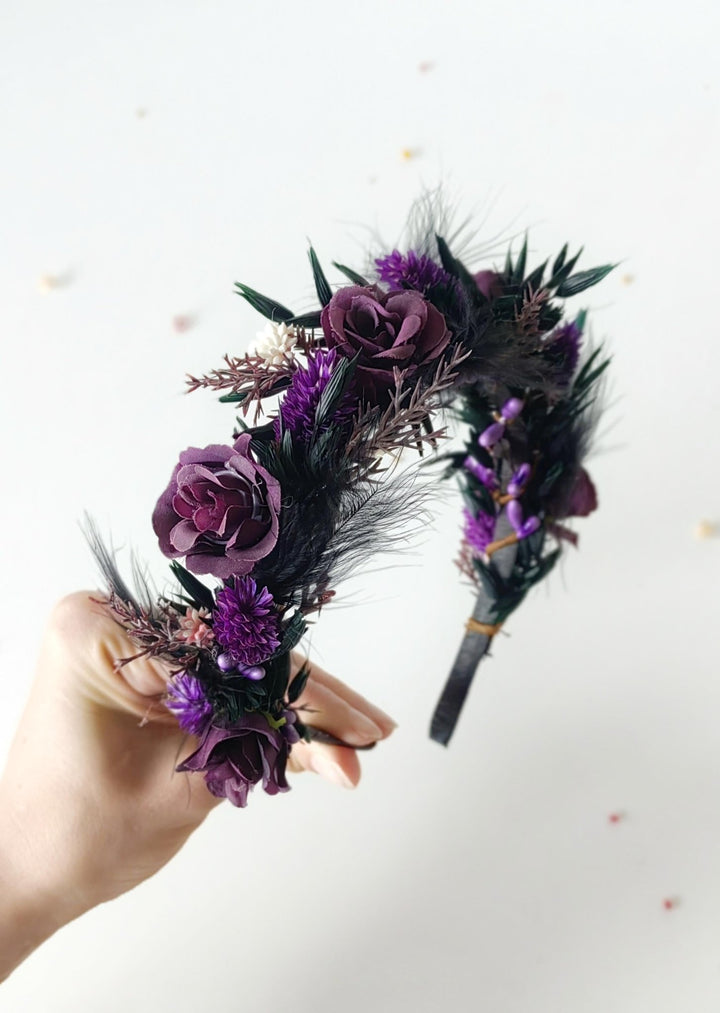 Purple Flower Headband and Choker Set: Gothic Autumn Wedding – handmade floral hair accessory by magaela